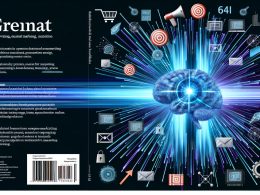 Futuristische Collage mit KI-Gehirn aus Computerchips, Datenpunkten, Marketing-Symbolen und modernen Diagrammen, inspiriert von datengetriebenem Marketing 2025.