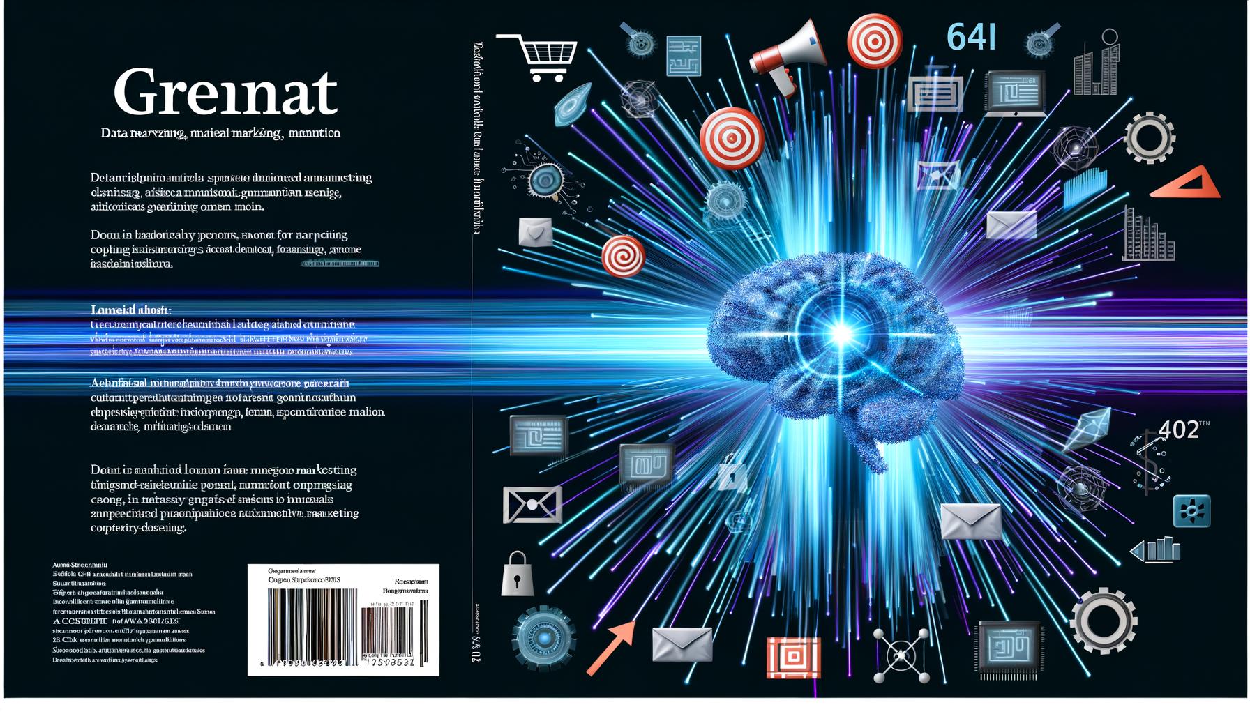 Futuristische Collage mit KI-Gehirn aus Computerchips, Datenpunkten, Marketing-Symbolen und modernen Diagrammen, inspiriert von datengetriebenem Marketing 2025.