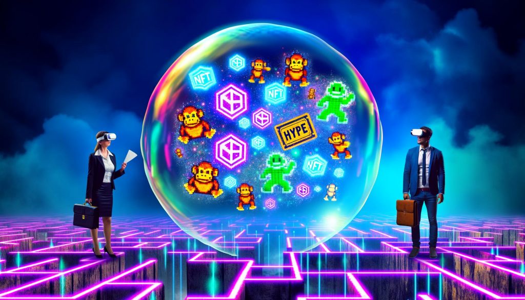 Surreale Szene: Überdimensionale Seifenblase mit NFT-Motiven und Buzzwords schwebt über einer Neon-Blockchain, beobachtet von skeptischer Geschäftsfrau und VR-Influencer.