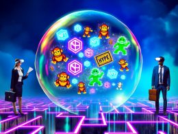 Surreale Szene: Überdimensionale Seifenblase mit NFT-Motiven und Buzzwords schwebt über einer Neon-Blockchain, beobachtet von skeptischer Geschäftsfrau und VR-Influencer.