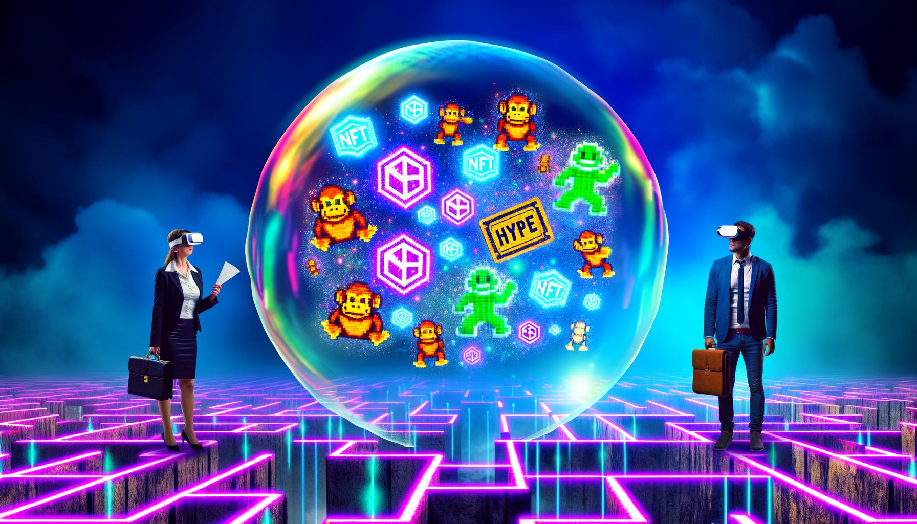 Surreale Szene: Überdimensionale Seifenblase mit NFT-Motiven und Buzzwords schwebt über einer Neon-Blockchain, beobachtet von skeptischer Geschäftsfrau und VR-Influencer.