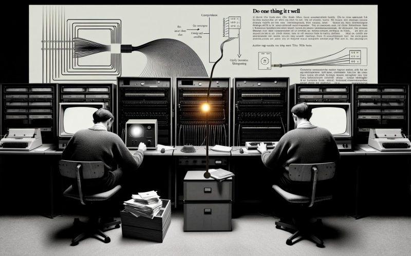 Schwarzweiß-Foto von Ken Thompson und Dennis Ritchie vor alten Computern in den Bell Labs der 1970er Jahre mit Unix-Diagramm und Motto im Hintergrund