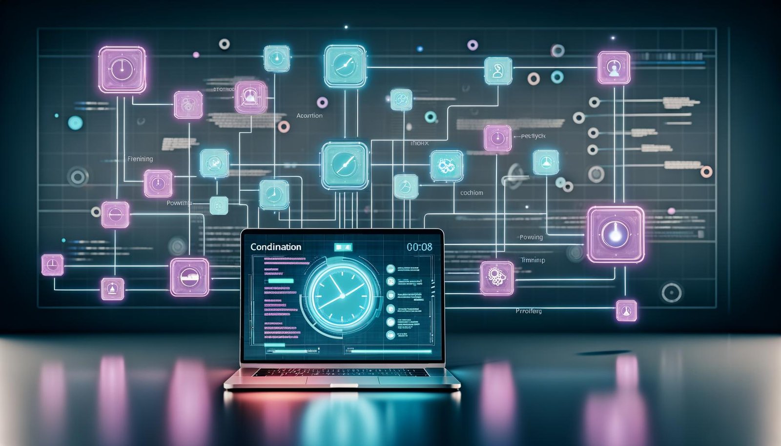 Moderner Arbeitsplatz mit offenen Laptop, digitalen Dashboards, KI-Workflows, Automatisierungs-Icons und Projektmanagement-Tools im futuristischen Design