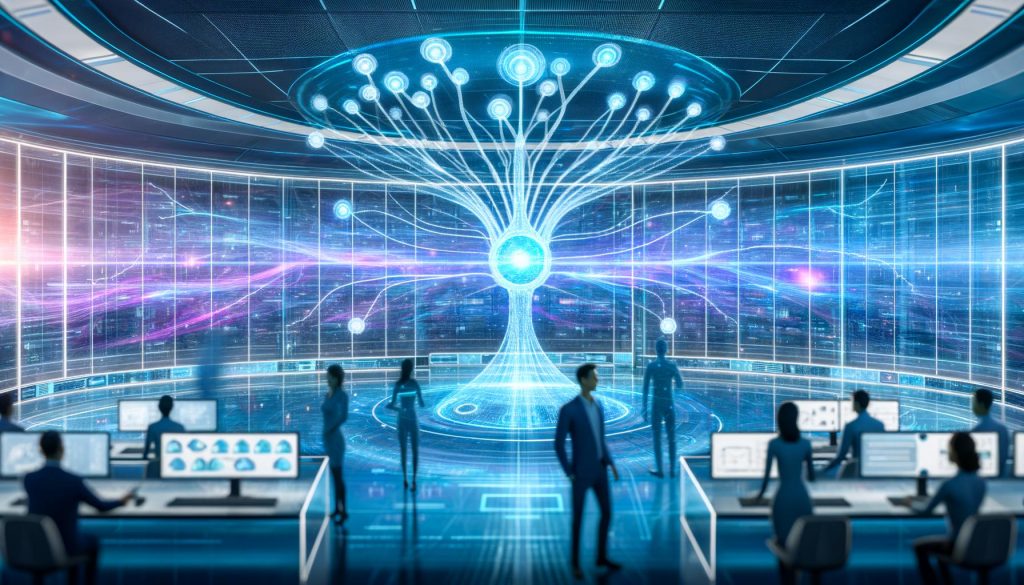 Kontrollraum mit blauen Licht, holografischen Dashboards, neuronaler Netzwerkstruktur und Spezialisten, die KI-gestützte Echtzeit-Interaktionsflüsse analysieren