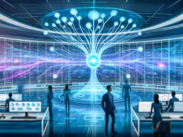 Kontrollraum mit blauen Licht, holografischen Dashboards, neuronaler Netzwerkstruktur und Spezialisten, die KI-gestützte Echtzeit-Interaktionsflüsse analysieren