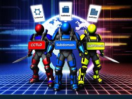Illustration von drei Kämpfern in moderner Rüstung für ccTLD, Subdomain und Subfolder mit symbolischen Icons in einer leuchtenden, futuristischen digitalen Arena
