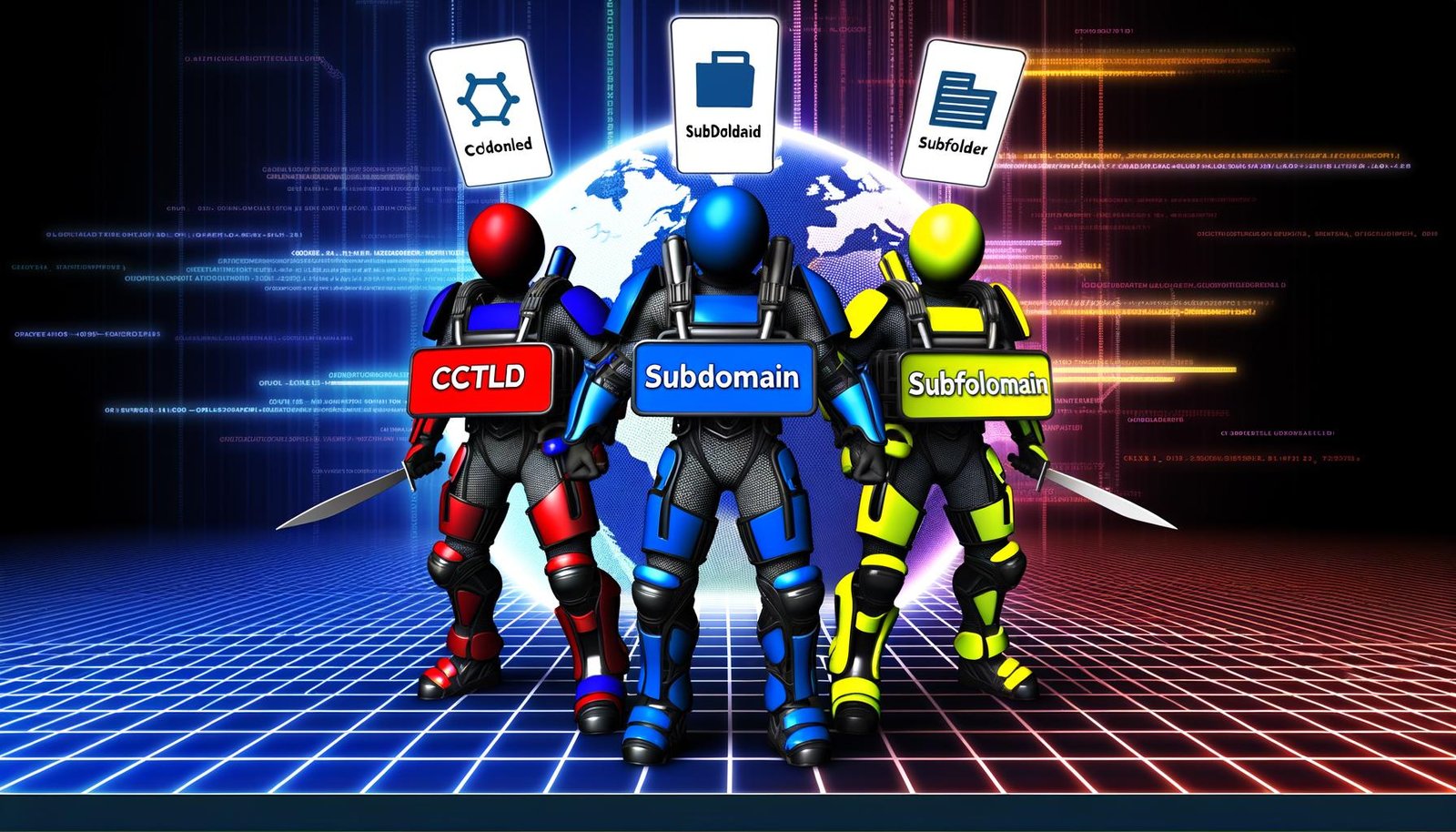 Illustration von drei Kämpfern in moderner Rüstung für ccTLD, Subdomain und Subfolder mit symbolischen Icons in einer leuchtenden, futuristischen digitalen Arena