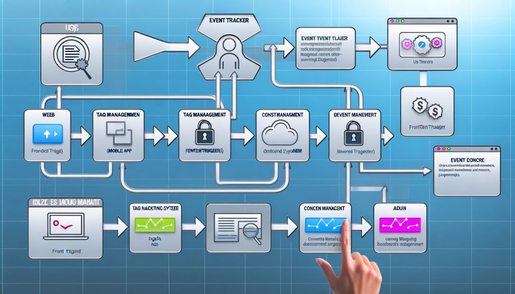 Moderne Infografik zeigt den optimalen Event Tracking Datenfluss: Nutzer-Symbol, Web- und App-Icons, Frontend/Event-Trigger, JSON Data Layer, Tag Management System mit Consent, Server-Side Tracking sowie Analytics-Tools. Warnsymbole deuten Fehlerquellen an.