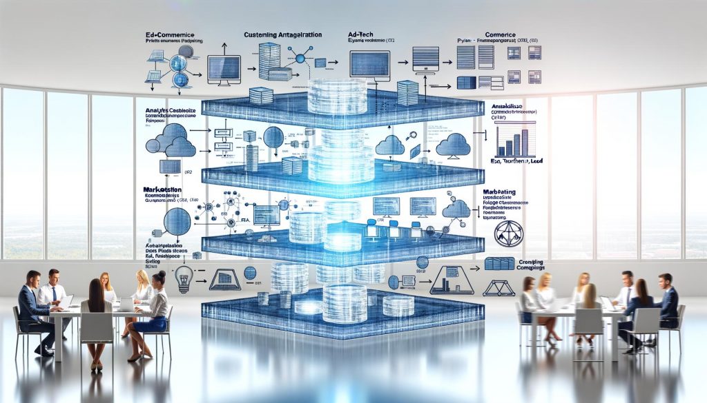 Modernes, futuristisches Büro mit mehreren Datenebenen: Rohdaten, Data-Pipeline, Analytics-Dashboards und Marketing Automation, Fachleute aus Marketing, Data Science und IT arbeiten gemeinsam.