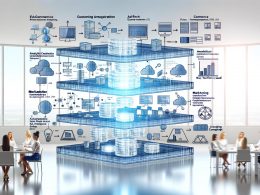 Modernes, futuristisches Büro mit mehreren Datenebenen: Rohdaten, Data-Pipeline, Analytics-Dashboards und Marketing Automation, Fachleute aus Marketing, Data Science und IT arbeiten gemeinsam.