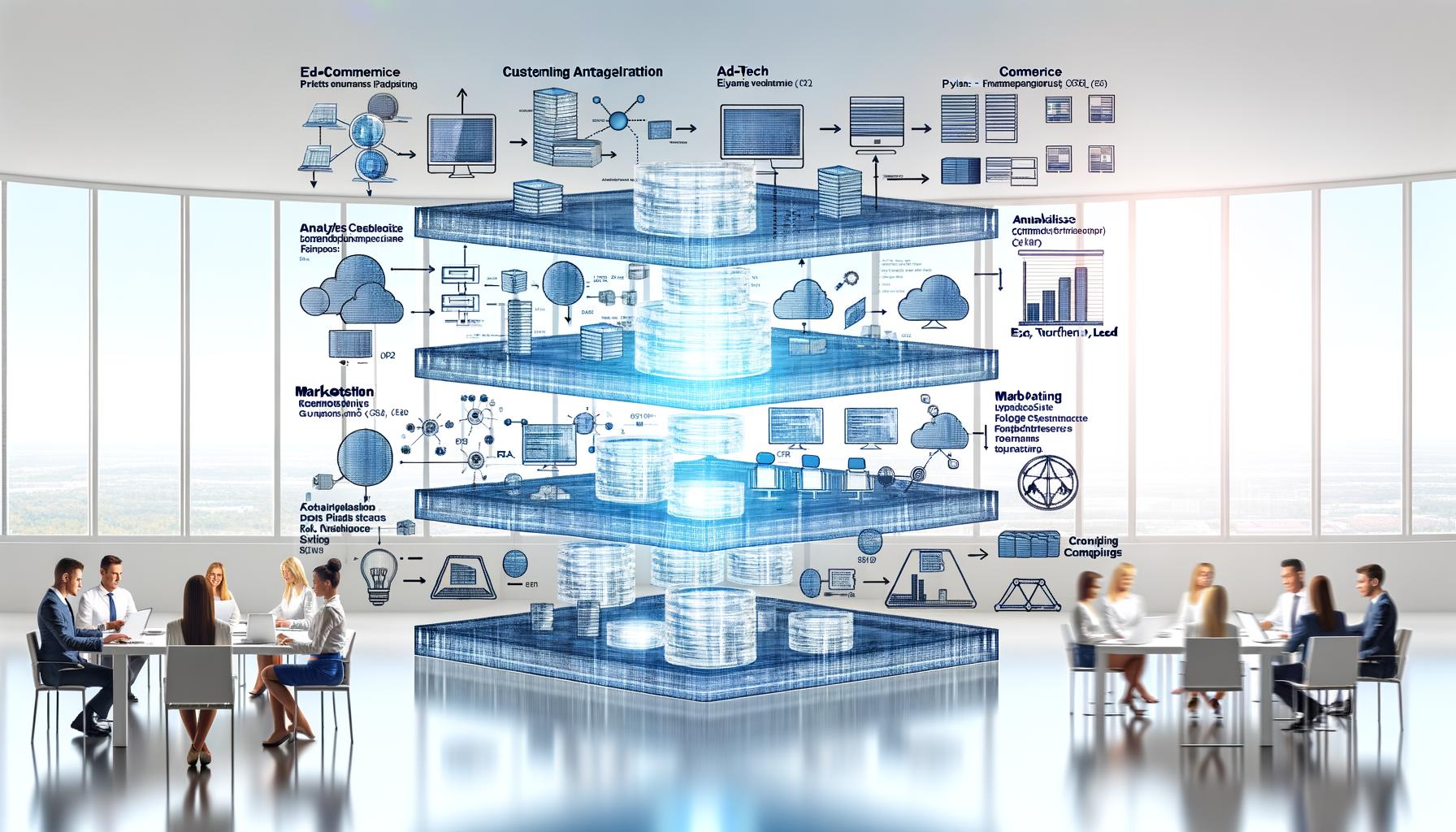 Modernes, futuristisches Büro mit mehreren Datenebenen: Rohdaten, Data-Pipeline, Analytics-Dashboards und Marketing Automation, Fachleute aus Marketing, Data Science und IT arbeiten gemeinsam.