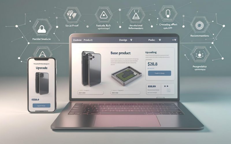 Moderne Checkout-Seite auf Laptop und Smartphone mit Smartphone-Produkt, Upgrade-Optionen, Zubehör und datengetriebenen Empfehlungen im cleanen Design.