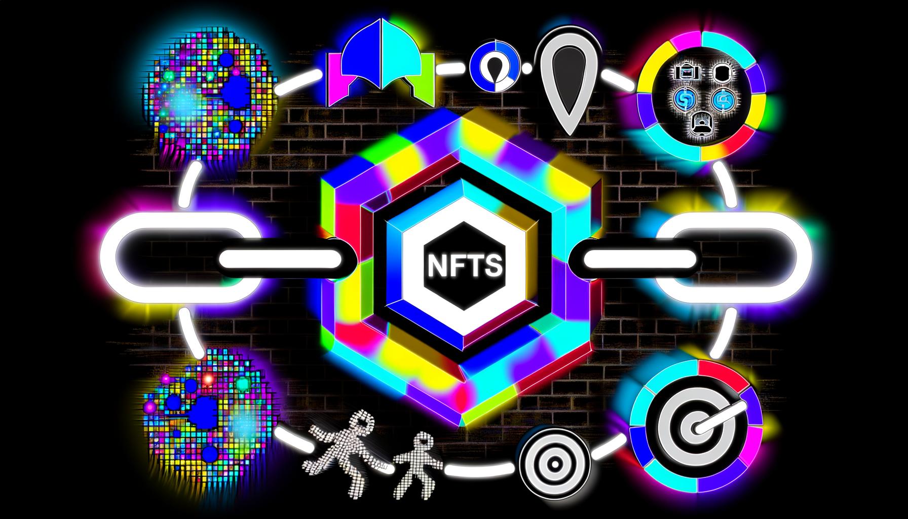 Digitales Artwork mit stylisierter Blockchain-Kette, leuchtenden Token, einem einzigartigen NFT sowie pixeligen Affenköpfen und Marketing-Icons auf weiß-dunklem Hintergrund.