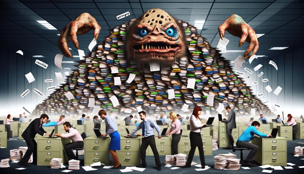 Überzeichnetes Bürokratie-Monster mit Armen, Köpfen, Formularen und Aktenordnern verschlingt die Unterlagen frustrierter Marketing-Teams, satirische Büro-Szene