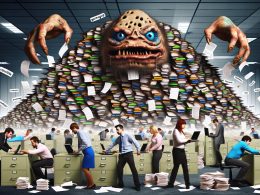 Überzeichnetes Bürokratie-Monster mit Armen, Köpfen, Formularen und Aktenordnern verschlingt die Unterlagen frustrierter Marketing-Teams, satirische Büro-Szene