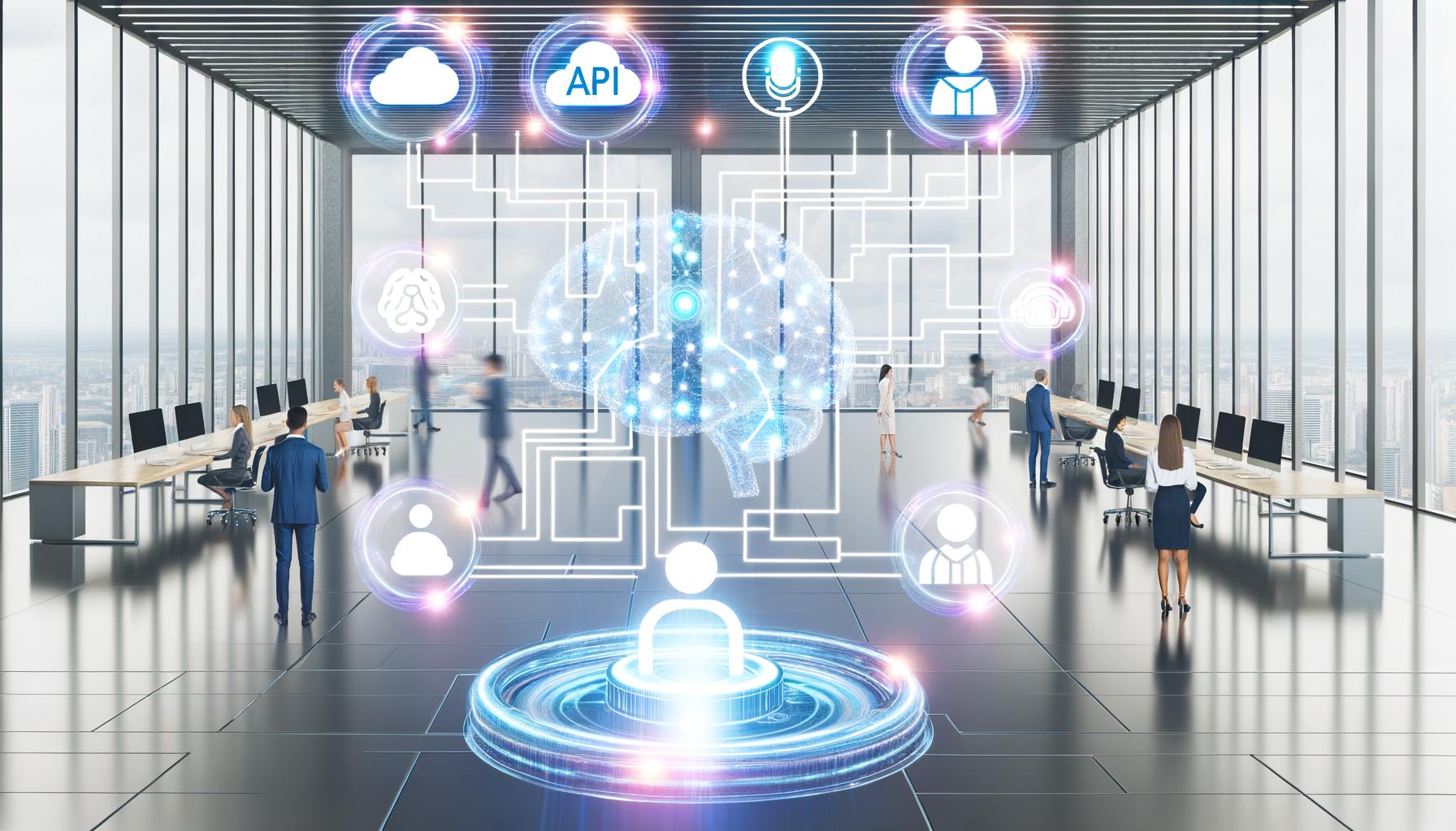 Futuristisches Büro mit digitalen Arbeitsplätzen, Workflow-Diagramm auf zentralem Tisch und holografischen KI-Schnittstellen