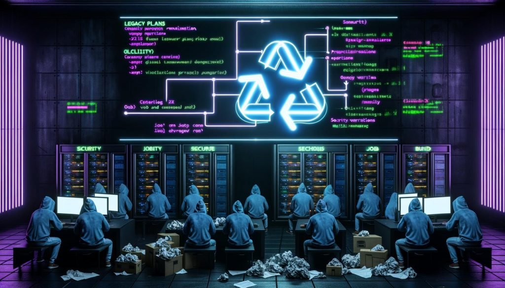 Futuristisches Serverraum-Setting mit strahlendem GitHub-Logo, schwebendem Workflow-Diagramm, beschäftigten DevOps-Ingenieuren und leuchtenden Pipeline-Visualisierungen auf Monitoren.