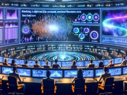 Futuristischer Kontrollraum mit Marketingteams, die komplexe Narrative und emotionale Daten auf großen holografischen Bildschirmen analysieren.