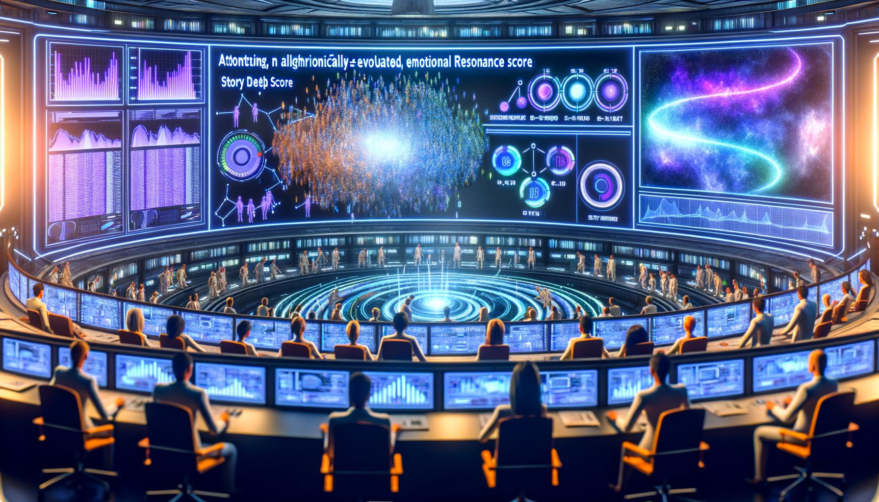 Futuristischer Kontrollraum mit Marketingteams, die komplexe Narrative und emotionale Daten auf großen holografischen Bildschirmen analysieren.
