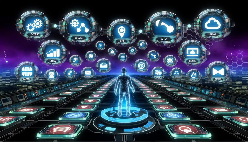 Futuristischer Arbeitsplatz 2025 mit holografischen Dashboards, Logos verschiedener Content-Management-Systeme und einem halb-digitalen Entscheider in moderner Kontrollumgebung.