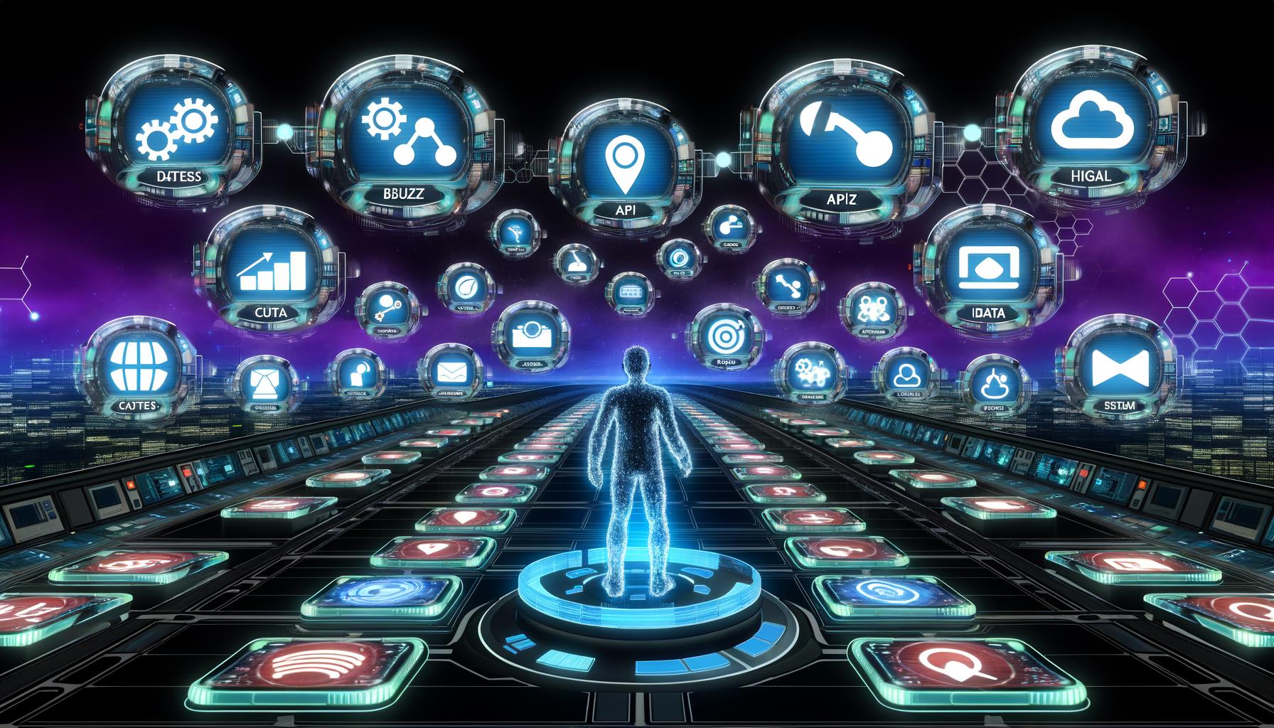 Futuristischer Arbeitsplatz 2025 mit holografischen Dashboards, Logos verschiedener Content-Management-Systeme und einem halb-digitalen Entscheider in moderner Kontrollumgebung.