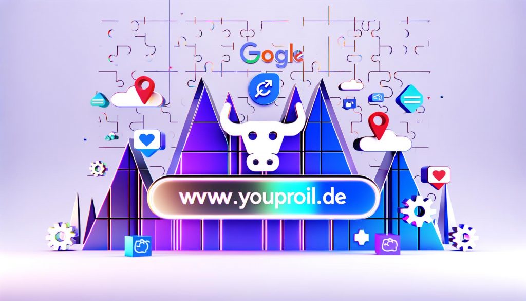 Abstrahierte Titelgrafik mit Domainleiste www.deinprojekt.de, Google-Farben, digitalem Puzzle-Berg, modernen Tech-Icons, zwinkerndem Stier und Claim Kein Bullshit – nur echte Domainpower.