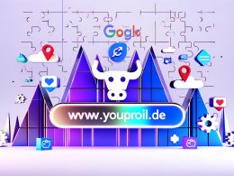 Abstrahierte Titelgrafik mit Domainleiste www.deinprojekt.de, Google-Farben, digitalem Puzzle-Berg, modernen Tech-Icons, zwinkerndem Stier und Claim Kein Bullshit – nur echte Domainpower.