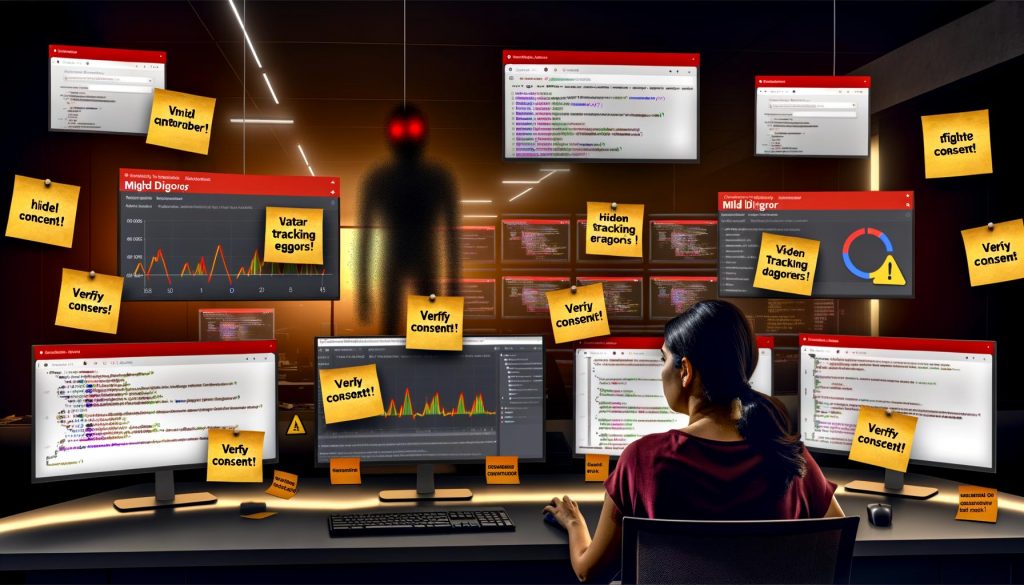 Marketer vor mehreren Bildschirmen mit Google Analytics, Tag Manager Fehlern, Debugging-Notizen und einem schattenhaften Phantom im modernen Büro