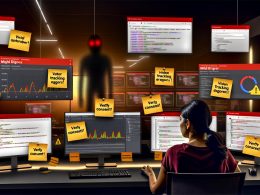 Marketer vor mehreren Bildschirmen mit Google Analytics, Tag Manager Fehlern, Debugging-Notizen und einem schattenhaften Phantom im modernen Büro