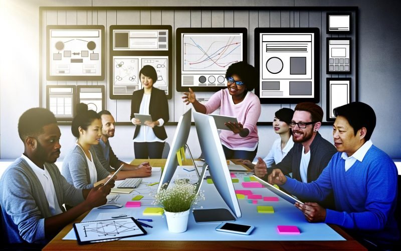 Team aus verschiedenen Personen arbeitet gemeinsam an modernen Website-Designs mit großen Bildschirmen, Wireframes und Usability-Tests in heller Büroumgebung.