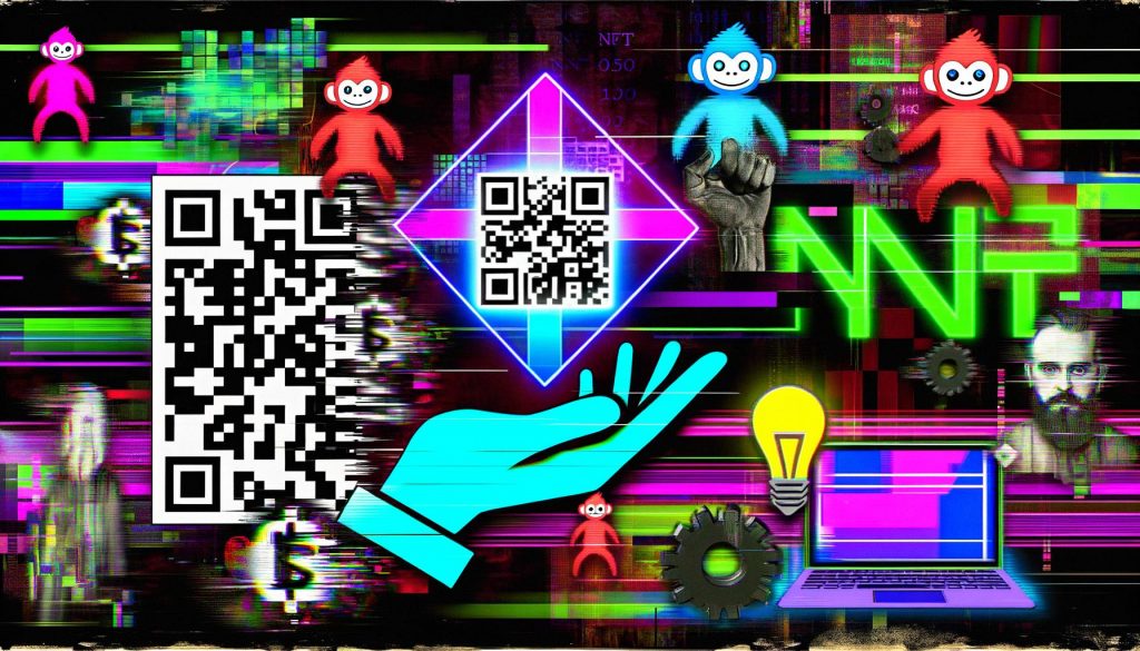 Collage im Cyberpunk-Stil: Stilistische Hand hält leuchtendes NFT mit QR-Code, chaotisch umgeben von Krypto-Symbolen, Blockchain-Blöcken und digitalen Affen-Avataren auf dunklem Hintergrund mit Neon- und Glitch-Effekten.
