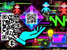 Collage im Cyberpunk-Stil: Stilistische Hand hält leuchtendes NFT mit QR-Code, chaotisch umgeben von Krypto-Symbolen, Blockchain-Blöcken und digitalen Affen-Avataren auf dunklem Hintergrund mit Neon- und Glitch-Effekten.