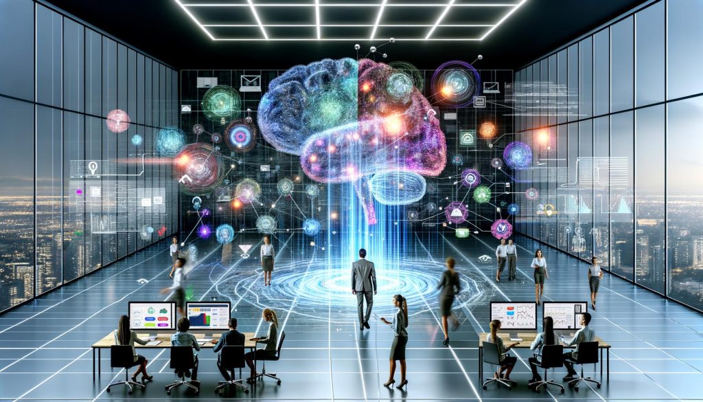 Hochmodernes Büro mit Marketern, die bunte Daten-Dashboards, neuronale Netzwerke und Marketing-Icons auf transparenten Bildschirmen analysieren. Zentrales holografisches Gehirn repräsentiert KI-gestützte Marketing-Insights.