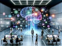 Hochmodernes Büro mit Marketern, die bunte Daten-Dashboards, neuronale Netzwerke und Marketing-Icons auf transparenten Bildschirmen analysieren. Zentrales holografisches Gehirn repräsentiert KI-gestützte Marketing-Insights.