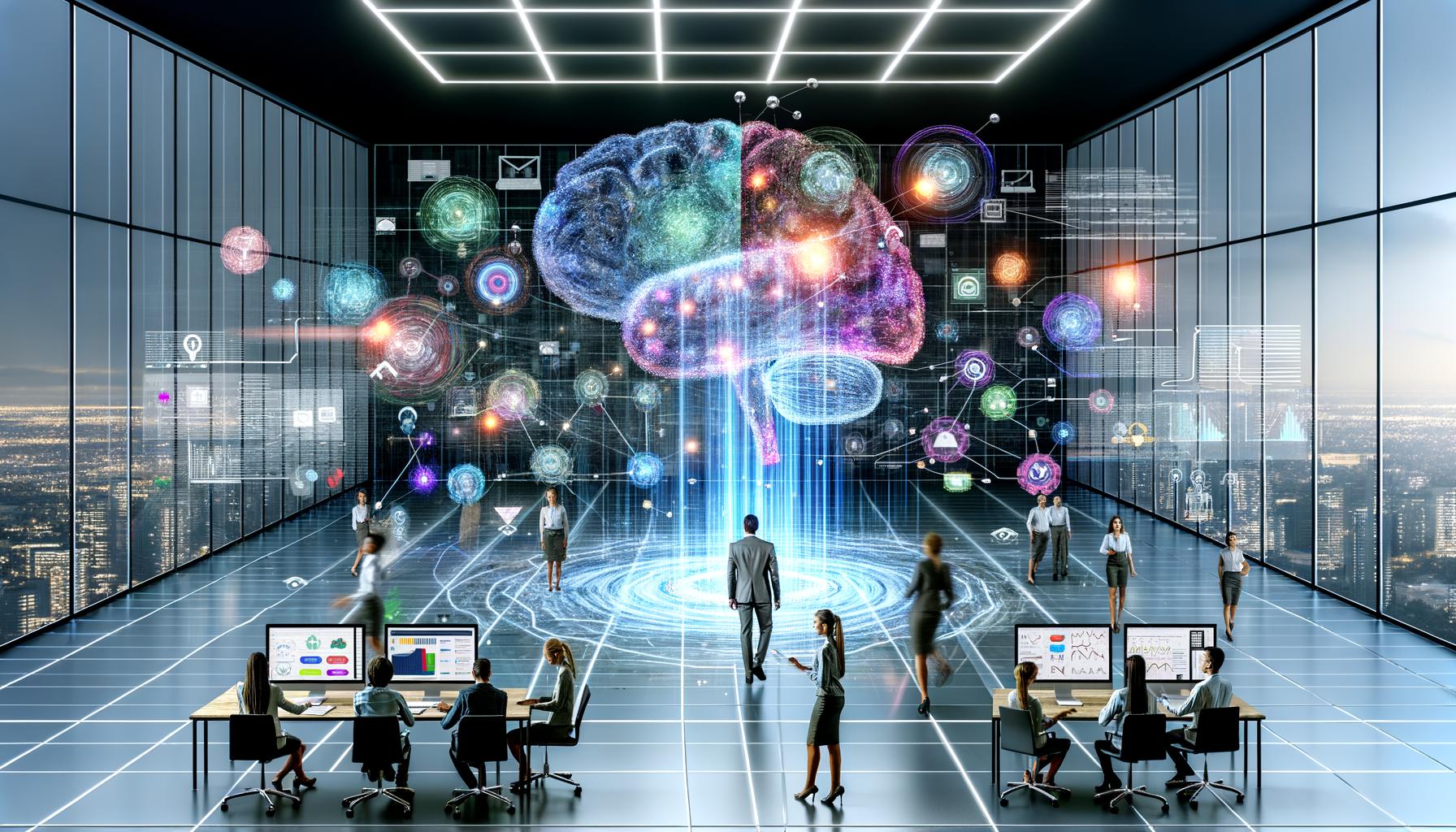 Hochmodernes Büro mit Marketern, die bunte Daten-Dashboards, neuronale Netzwerke und Marketing-Icons auf transparenten Bildschirmen analysieren. Zentrales holografisches Gehirn repräsentiert KI-gestützte Marketing-Insights.