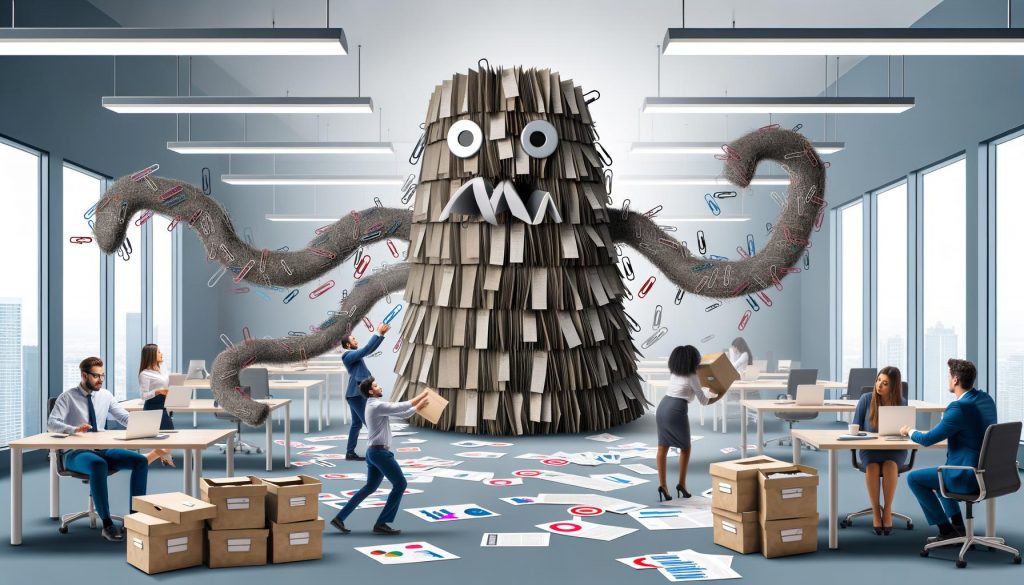Papiermonster mit Tentakeln aus Ordnern und Büroklammern bedroht Kreativteam in einem modernen Großraumbüro, während Marketingtools chaotisch im Hintergrund gestapelt sind.