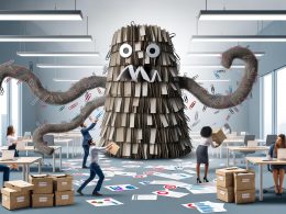 Papiermonster mit Tentakeln aus Ordnern und Büroklammern bedroht Kreativteam in einem modernen Großraumbüro, während Marketingtools chaotisch im Hintergrund gestapelt sind.