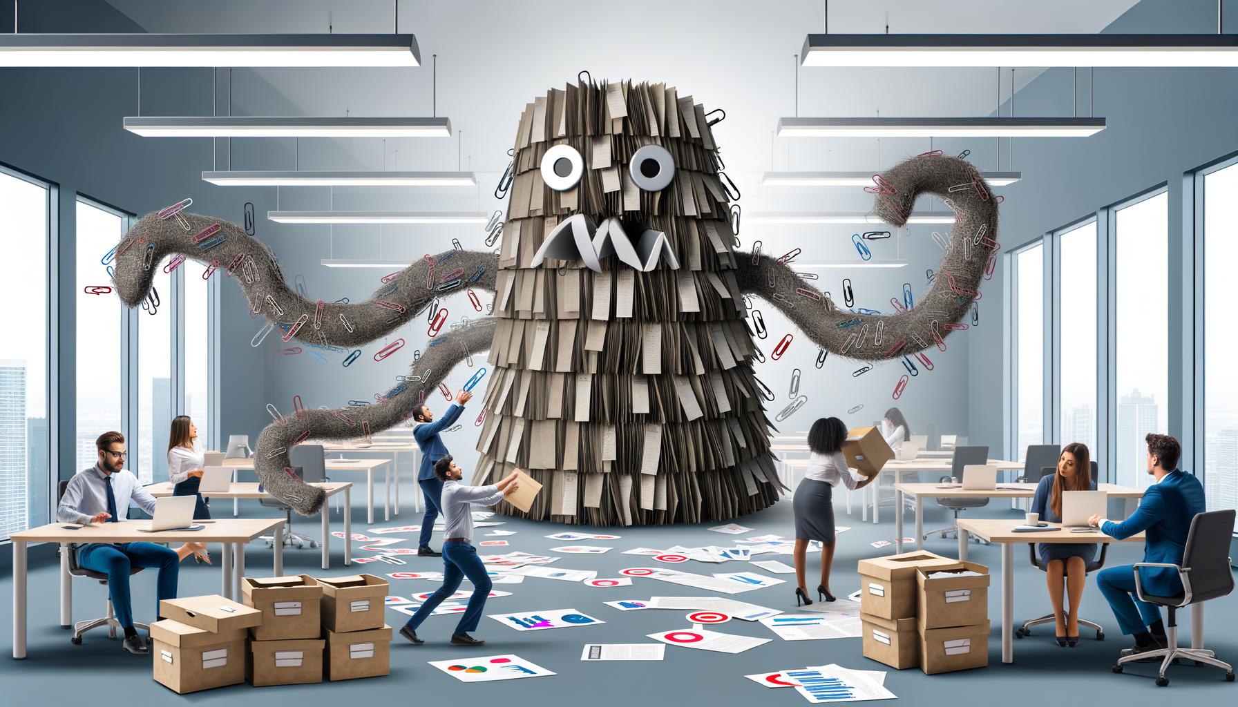 Papiermonster mit Tentakeln aus Ordnern und Büroklammern bedroht Kreativteam in einem modernen Großraumbüro, während Marketingtools chaotisch im Hintergrund gestapelt sind.