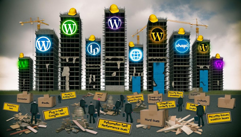 Digitale Baustelle mit Hochhäusern, die von Bauarbeitern in Anzug und Helm gebaut werden, jedes Gebäude beleuchtet durch das Logo eines bekannten CMS; im Vordergrund alte Bauteile mit Problemen wie Plug-in-Hölle und Sicherheitslücken, rauer Himmel im Hintergrund.