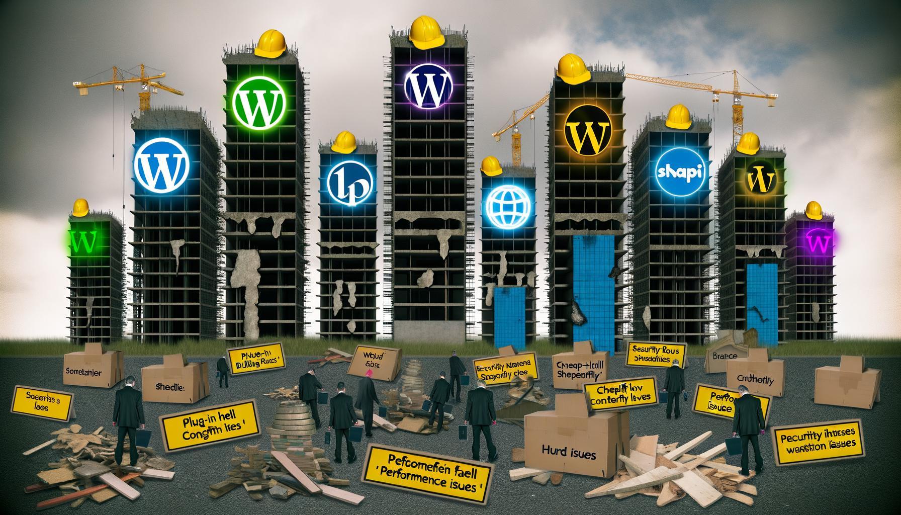 Digitale Baustelle mit Hochhäusern, die von Bauarbeitern in Anzug und Helm gebaut werden, jedes Gebäude beleuchtet durch das Logo eines bekannten CMS; im Vordergrund alte Bauteile mit Problemen wie Plug-in-Hölle und Sicherheitslücken, rauer Himmel im Hintergrund.