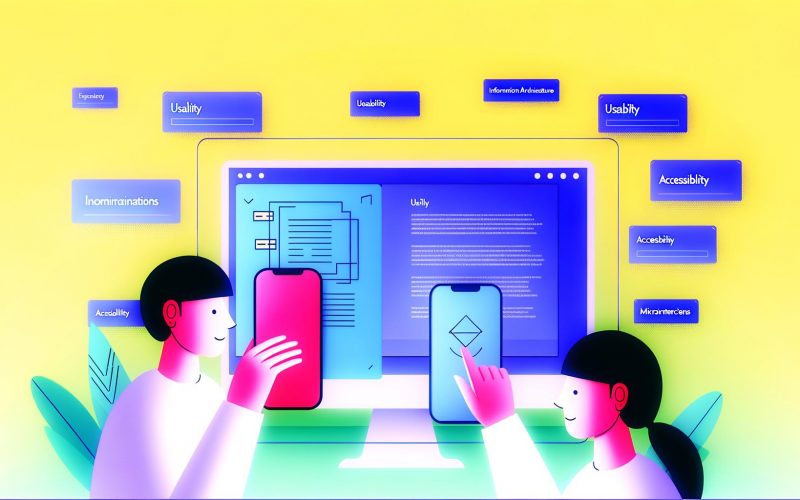Moderne minimalistische UI-Illustration mit Desktop- und Smartphone-Ansicht, intuitiven Nutzer:innen, klaren Buttons und fließenden Animationen vor grafischen Usability-Begriffen.
