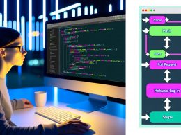 Moderner Arbeitsplatz bei Nacht mit mehreren Monitoren, darauf farbige GitHub Actions Workflows im YAML-Format, Entwicklerin fokussiert, im Hintergrund leuchtende LED-Streifen. Enthält schematische Diagramme, Workflow-Strukturen, CI/CD-Visualisierung und Sicherheitswarnungen.