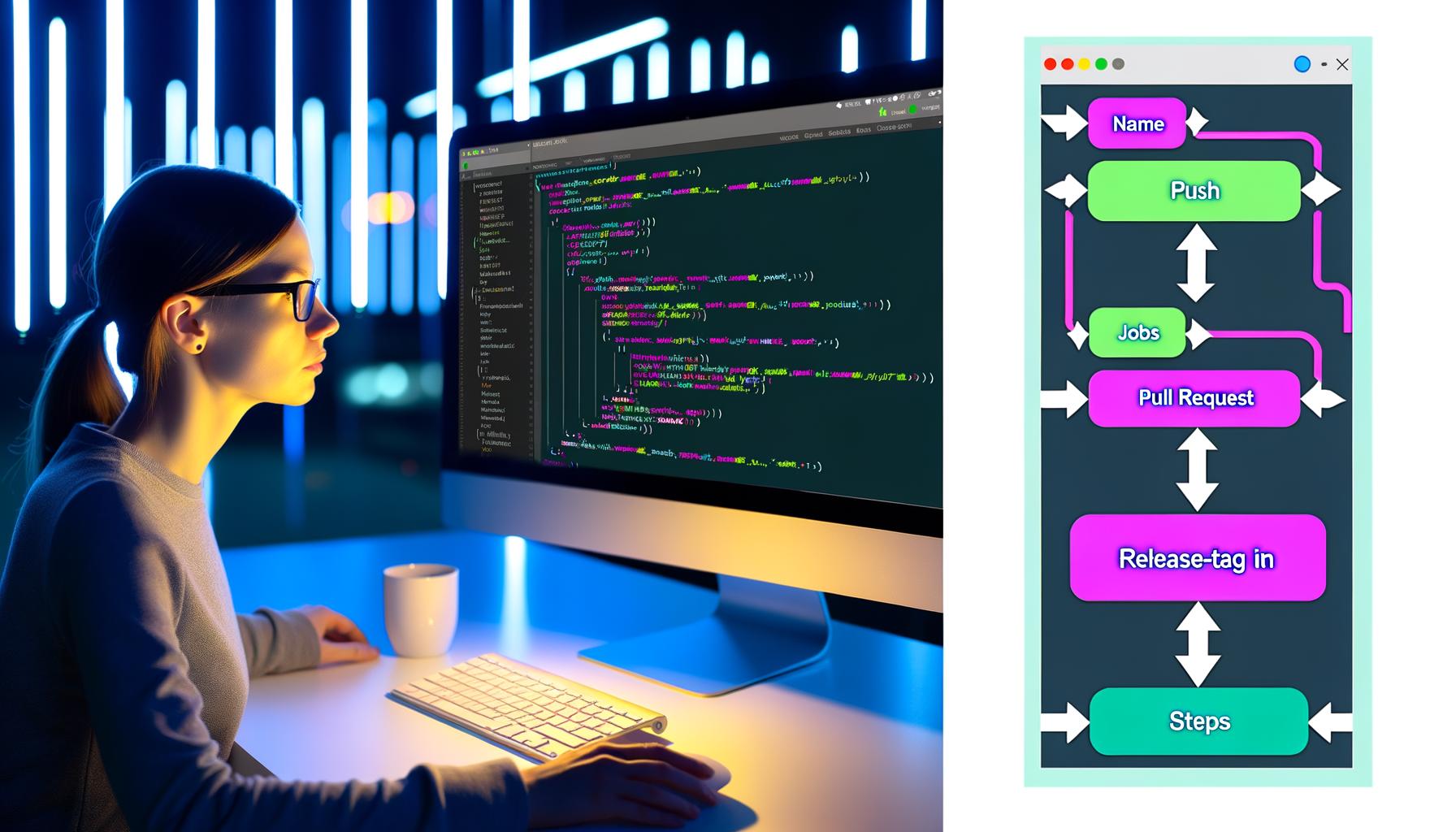 Moderner Arbeitsplatz bei Nacht mit mehreren Monitoren, darauf farbige GitHub Actions Workflows im YAML-Format, Entwicklerin fokussiert, im Hintergrund leuchtende LED-Streifen. Enthält schematische Diagramme, Workflow-Strukturen, CI/CD-Visualisierung und Sicherheitswarnungen.