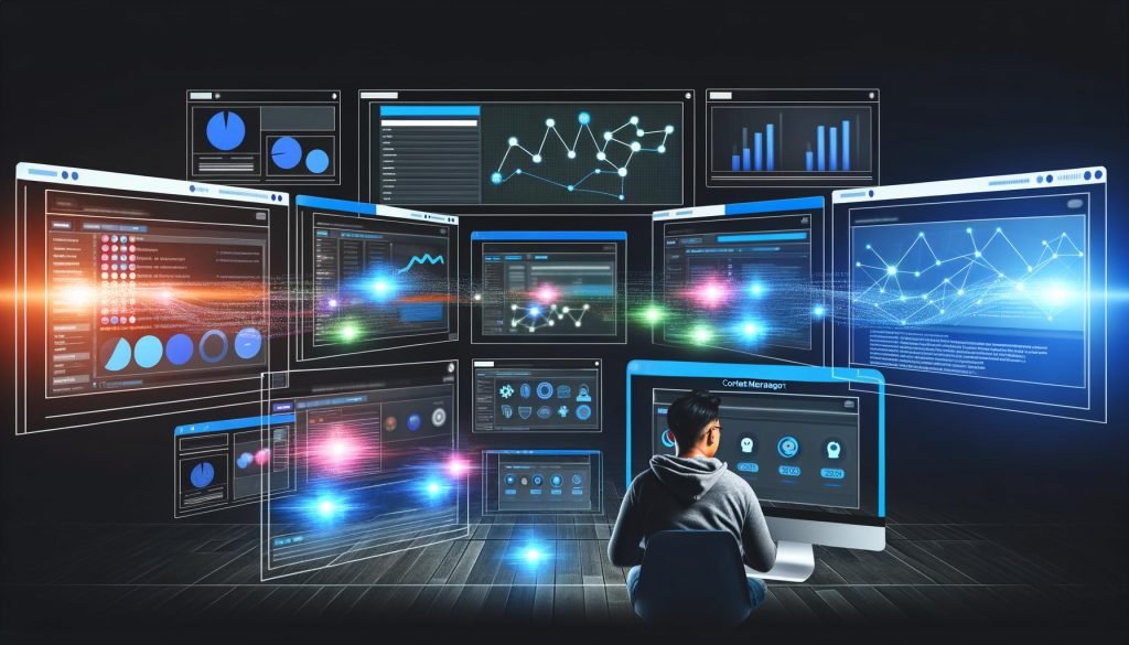 Digitale Marketing-Schaltzentrale im Dunkelmodus mit mehreren Monitoren, leuchtenden Datastreams und einem konzentrierten Marketer im Hoodie am Laptop.