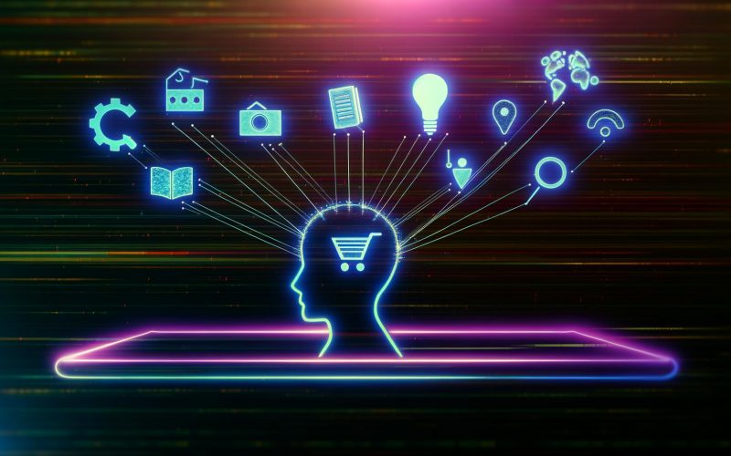 Metaphorische Darstellung von User Intent als verborgenes Steuerzentrum mit Suchleiste, leuchtenden Symbolen und einer Silhouette im Hintergrund im modernen Tech-Look