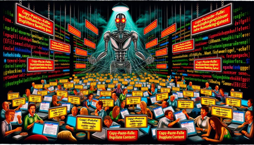 Geflecht mehrsprachiger Webseiten mit Duplicate-Content-Warnungen und einem bedrohlichen Google-Algorithmus-Roboter im Hintergrund, während mehrere Website-Betreiber versuchen, die Seiten zu ordnen.
