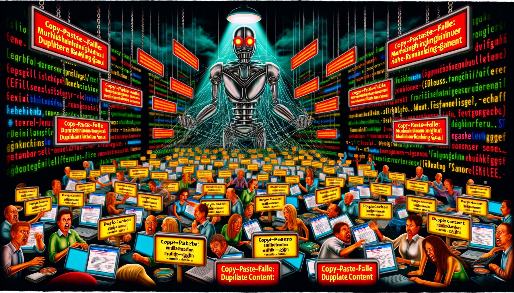 Geflecht mehrsprachiger Webseiten mit Duplicate-Content-Warnungen und einem bedrohlichen Google-Algorithmus-Roboter im Hintergrund, während mehrere Website-Betreiber versuchen, die Seiten zu ordnen.