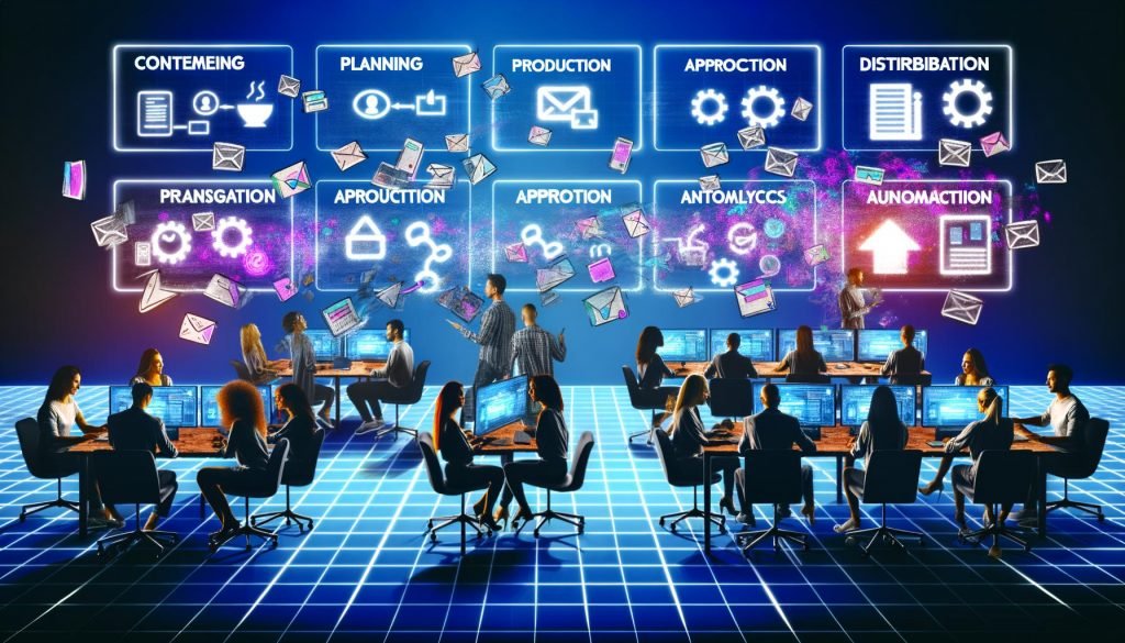 Illustration eines innovativen digitalen Content-Management-Arbeitsplatzes mit diversen Expert:innen, Touch-Displays, vernetzten Dashboards, Workflow-Grafiken und modernen Tools in einem hellen, effizienten Büro.