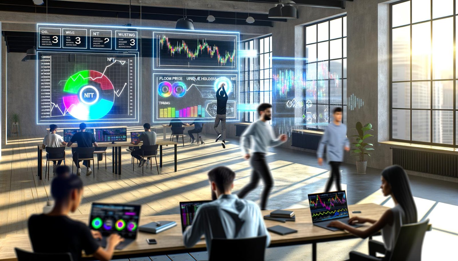 Junge Menschen in einem modernen, hellen Loft-Büro analysieren an Laptops und großen Bildschirmen NFT-Daten, Charts und Blockchain-Transaktionen mit einem holografischen Dashboard im Vordergrund.