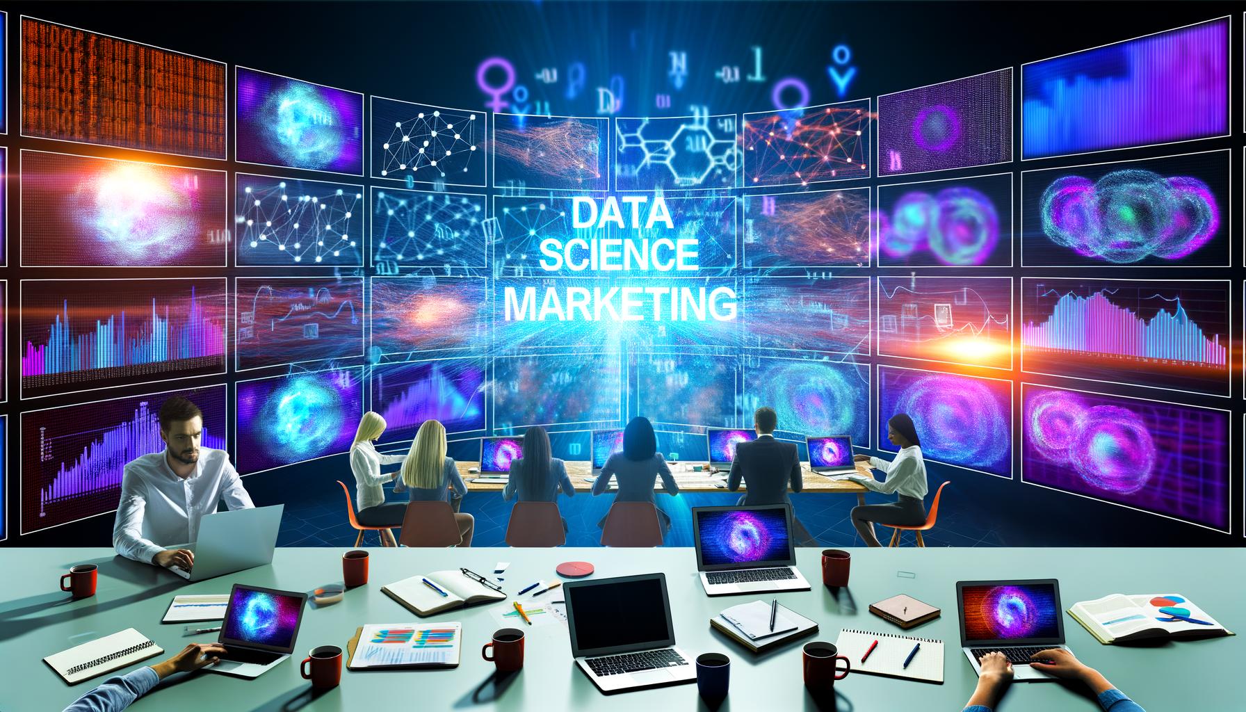 Marketer und Data Scientists arbeiten im modernen Büro mit riesigen Bildschirmen voller Datenvisualisierungen, neuronaler Netze und Echtzeit-Kampagnendaten, während Algorithmen im digitalen Raum schweben. Darüber schwebt ein holografisches 'Data Science Marketing'-Logo.